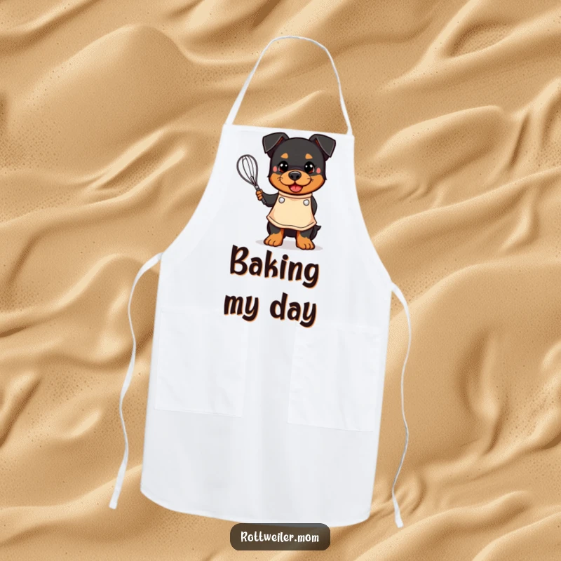 Funny apron with a kawaii Rottweiler wearing an apron and happily holding a whisk, designed for humorous cooking.