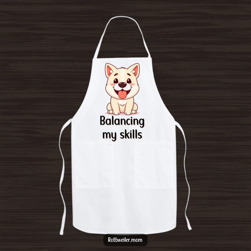 Funny Stocky Dog Apron, depicting a happy dog panting with a treat balanced on its nose, perfect for a humorous cooking experience.
