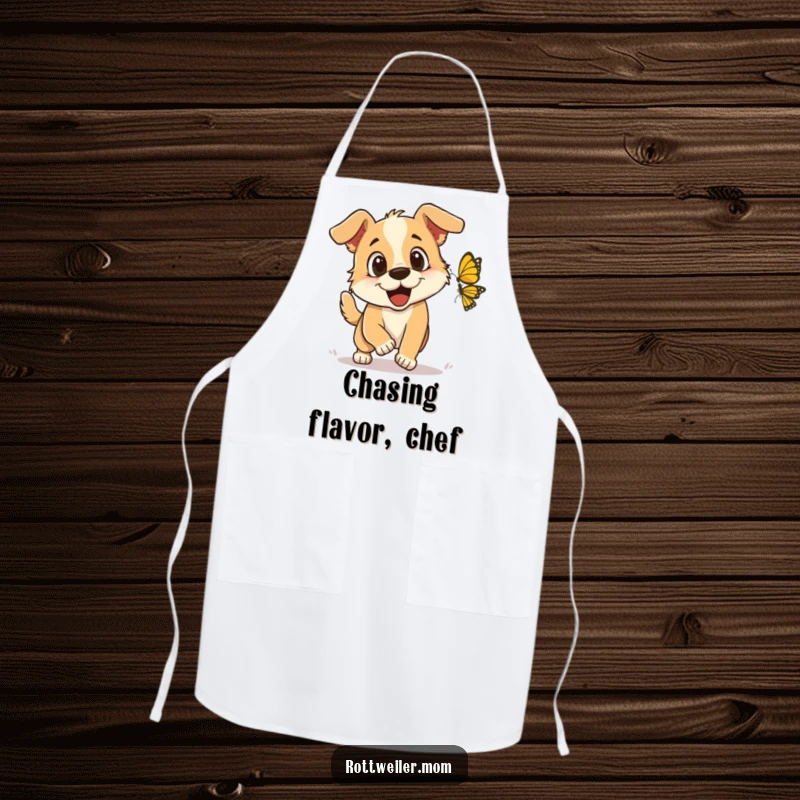 Funny Apron: A dog with excited eyes playfully chasing a butterfly, adding a touch of lighthearted fun to cooking.