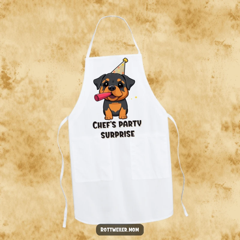 Funny Rottweiler Apron: A rottweiler in a party hat blows a noisemaker, adding a humorous element to kitchen wear.