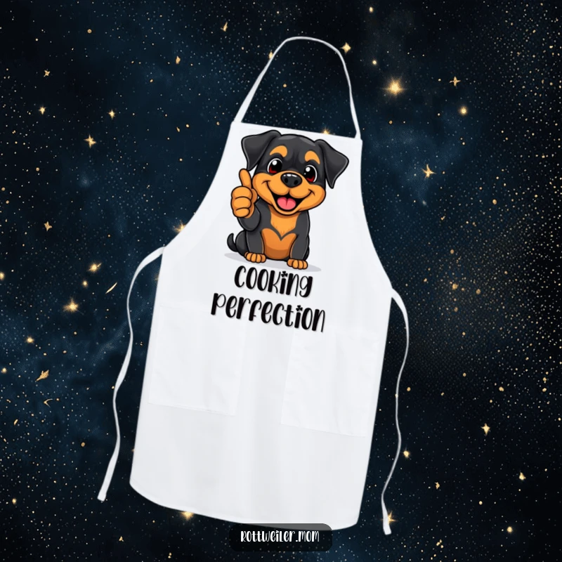 Funny Rottweiler apron showing an enthusiastic pup giving a thumbs-up with a big smile, perfect for a positive kitchen experience.