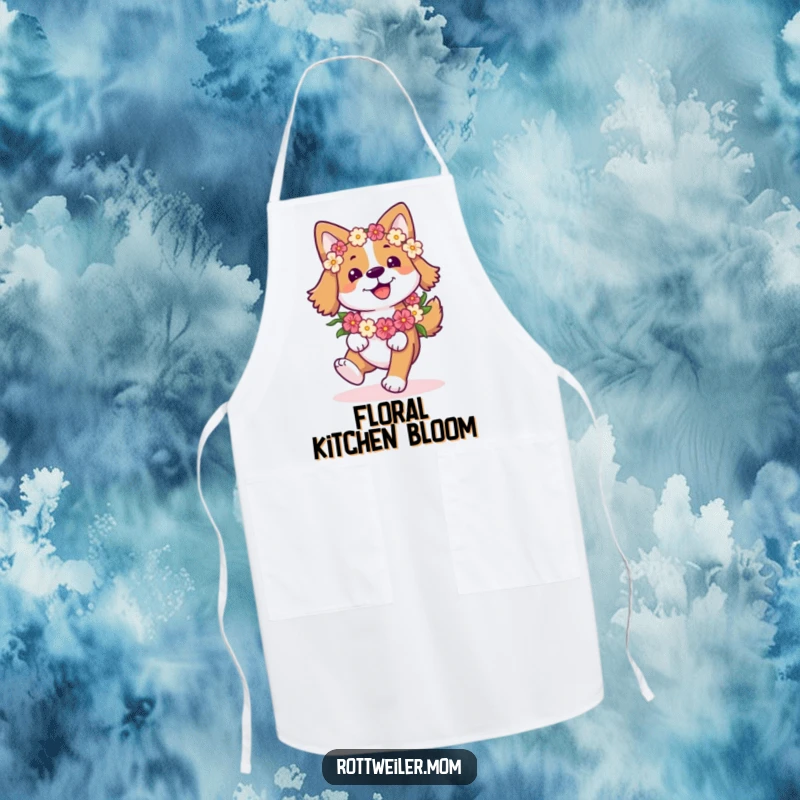 Funny Happy Dog Apron: Dog with a flower garland joyfully prances, a humorous and practical kitchen accessory.