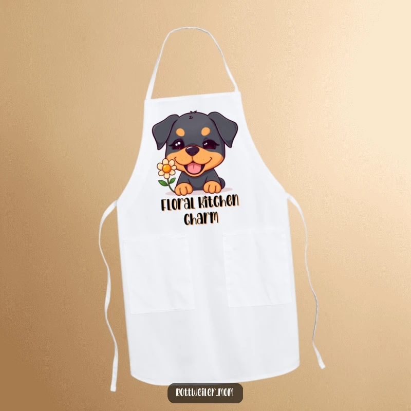 Funny Kawaii Rottweiler Apron showing a cute dog winking and offering a single cheerful flower, perfect for kitchen tasks.