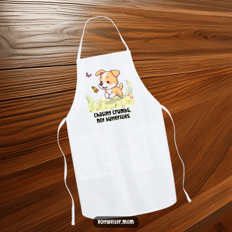 Funny dog apron showing a pup chasing a butterfly in a meadow, perfect for kitchen use and adding humor to cooking.