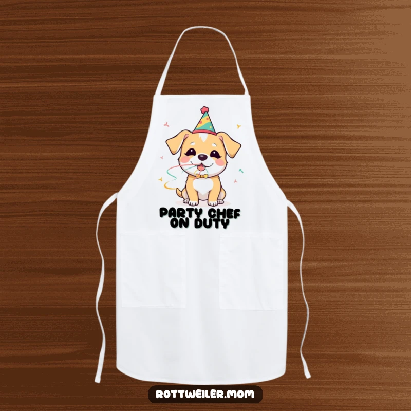 Funny dog apron showing a dog in a party hat blowing a streamer with glee, perfect for cooking with a festive touch.