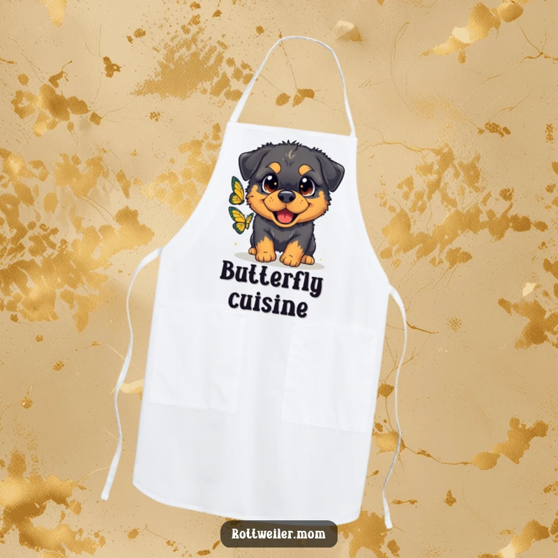 Funny apron designed for cooking, showing a fluffy Rottweiler with oversized, sparkling eyes gleefully chasing a butterfly.