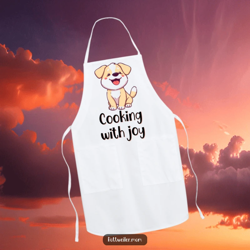 Funny dog apron, a dog with a wagging tail and panting happily, suitable for chefs and bakers.