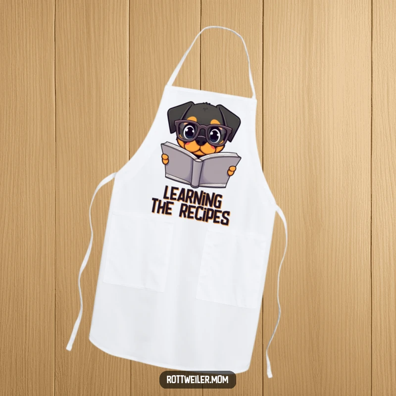Funny Kawaii Rottweiler Apron showing a dog wearing glasses and reading, ideal for a funny cooking gift.