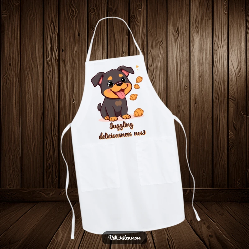 Funny Kawaii Rottweiler juggling croissants on a kitchen apron, a humorous and delightful accessory for chefs.