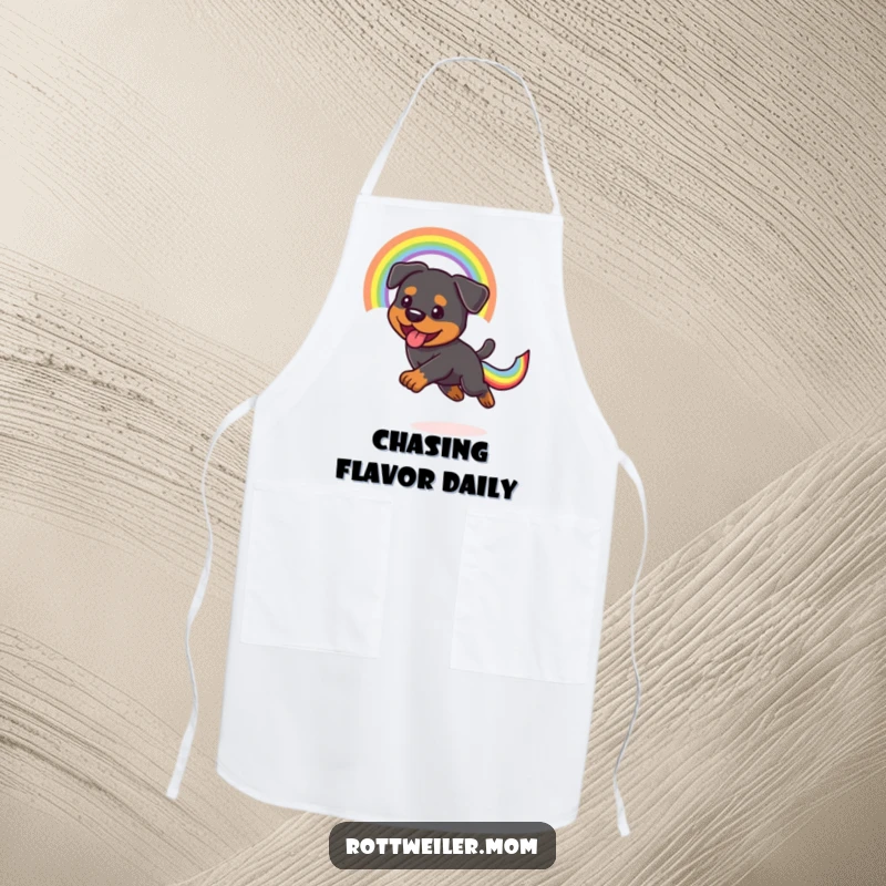 Funny Kawaii Rottweiler on an apron, enthusiastically chasing a rainbow tail, adding humor to the kitchen.