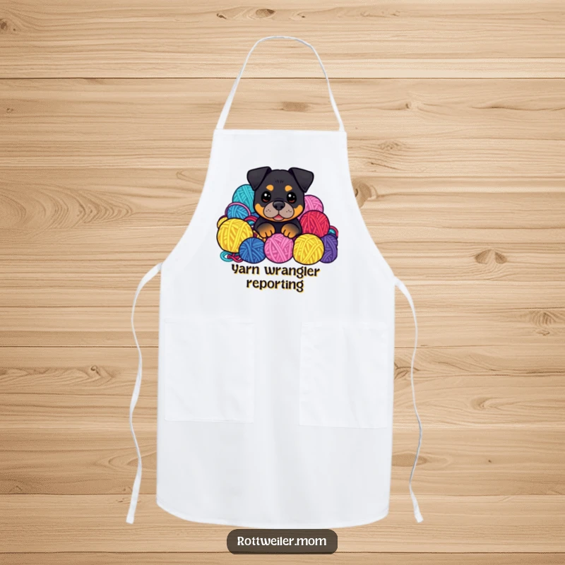 Funny Kawaii Rottweiler peeking from colorful yarn balls on a crafting apron, a humorous and practical accessory.