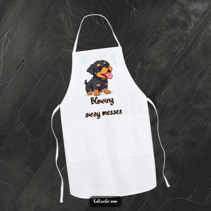 Funny Kawaii Rottweiler wearing an apron, tongue out, playfully chasing bubbles, adding humor to the kitchen.