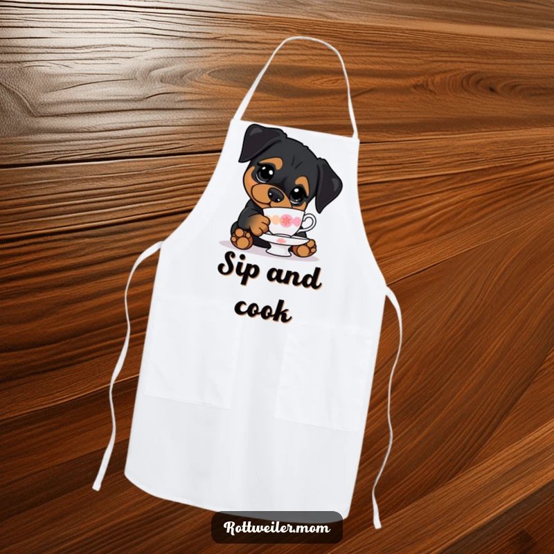 Funny apron with a kawaii Rottweiler with big eyes, precariously balancing a teacup, designed for humorous kitchen adventures.