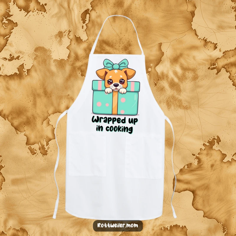 Funny peek-a-boo dog apron, a dog with sparkling eyes peeking from behind a colorful present while you cook.