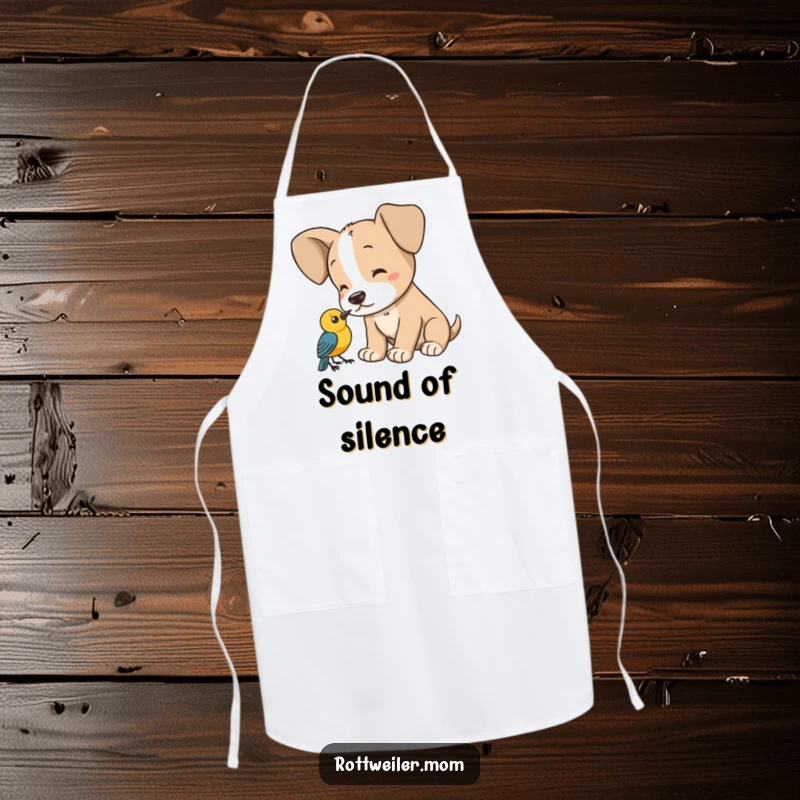 Funny puppy apron, a dog with big ears intently listening to a bird, perfect for chefs and bakers.