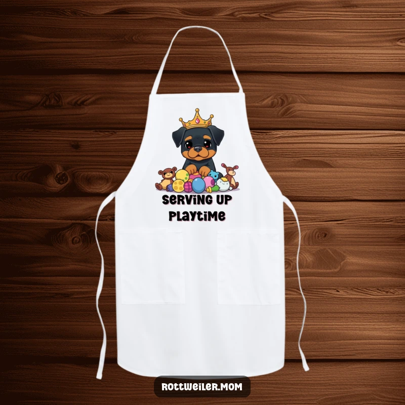 Funny Rottweiler King Apron depicts a crowned dog proudly surveying a pile of toys, ready for humorous kitchen duty.