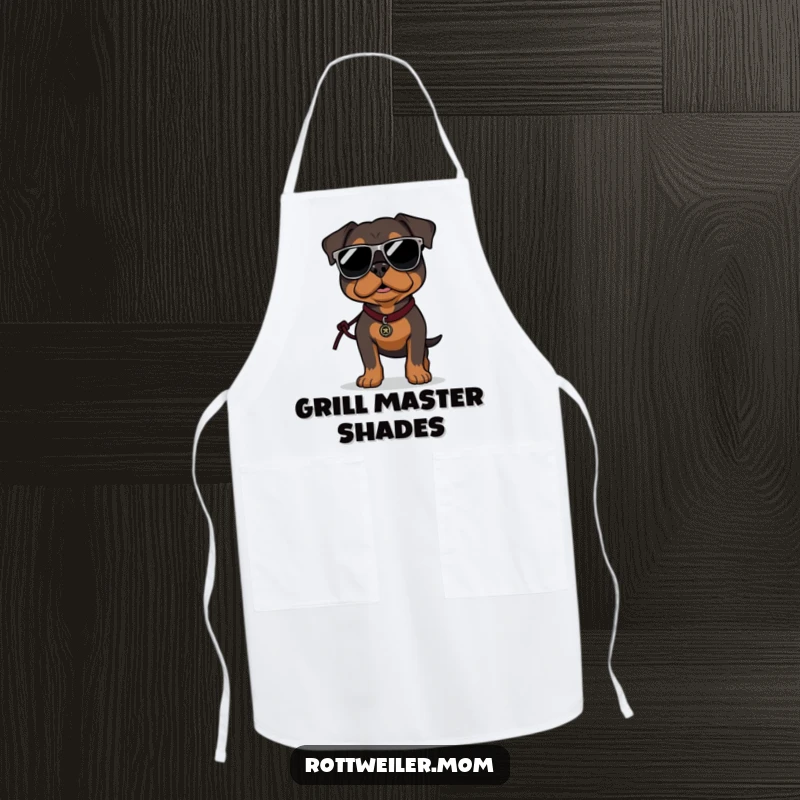 Funny Rottweiler apron designed with a dog wearing oversized sunglasses, confidently strutting in the kitchen.