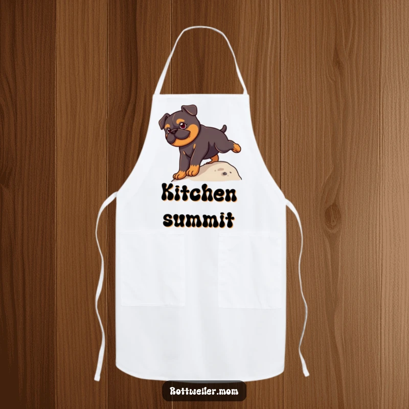 Funny Kawaii Rottweiler Apron showing a cute determined dog climbing a small hill, ready for kitchen tasks with humor.