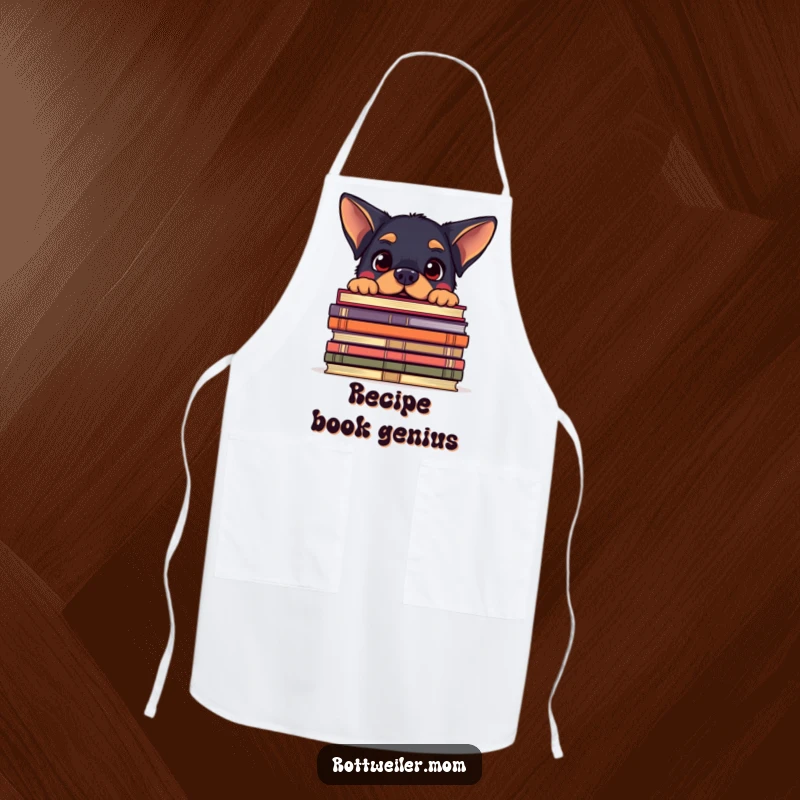 Funny apron with a kawaii Rottweiler peeking over a giant stack of books, looking amused, ideal for kitchen readers.
