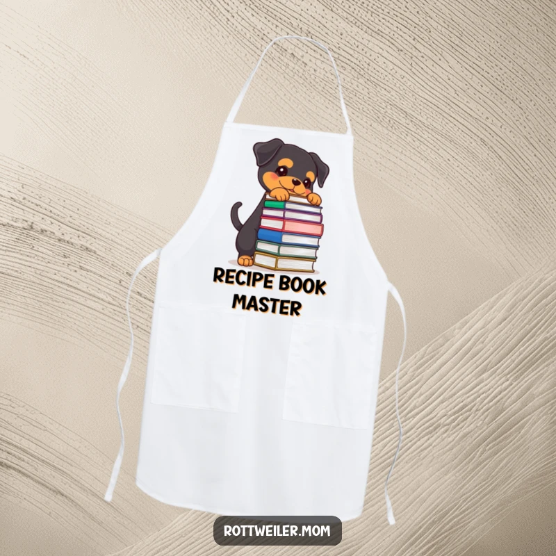 Funny Rottweiler apron showing a determined dog balancing books in the kitchen, perfect for a book-smart chef with a sense of humor.