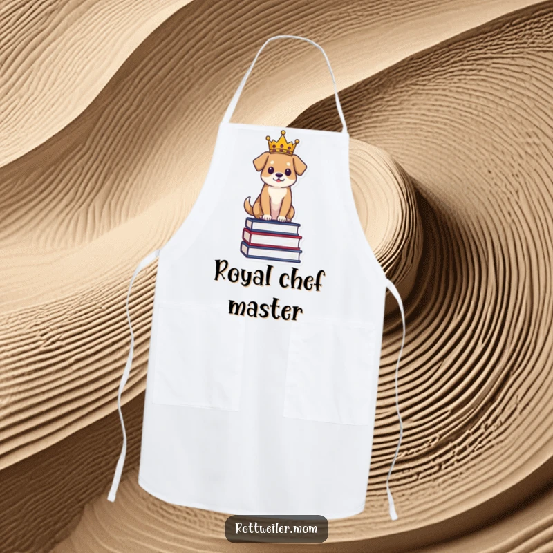 Funny Regal Dog Apron: Dog in a crown sits on books, a humorous and practical kitchen accessory.