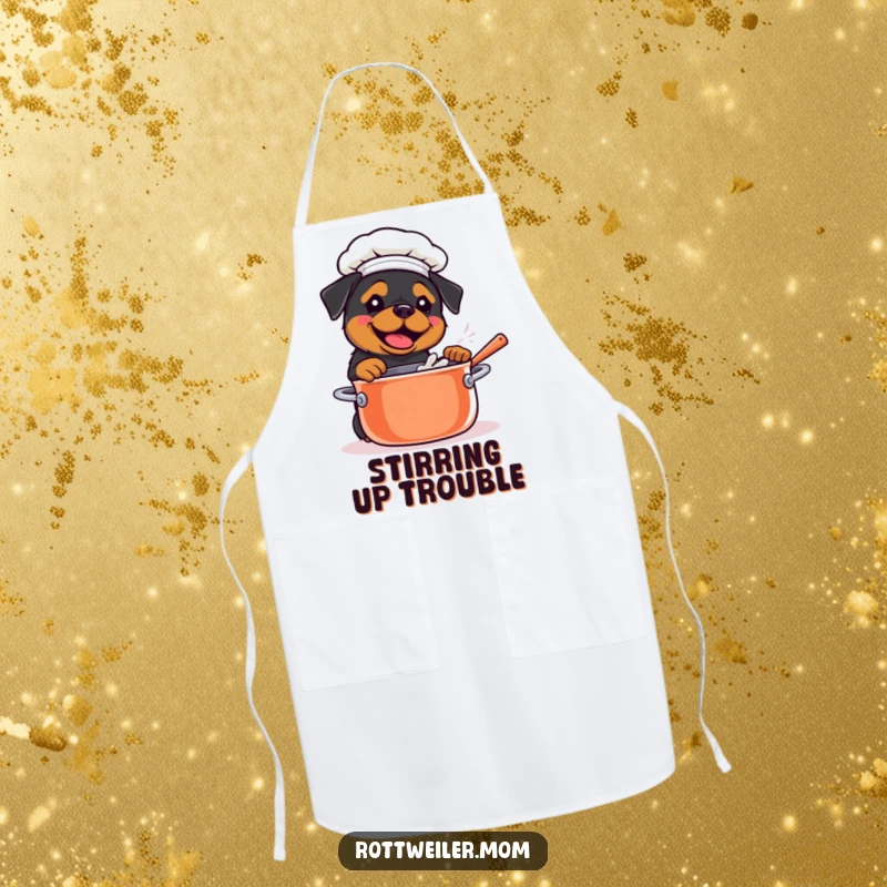 Funny Kawaii Rottweiler wearing a chef hat, stirring a giant pot on a kitchen apron, a humorous cooking accessory.