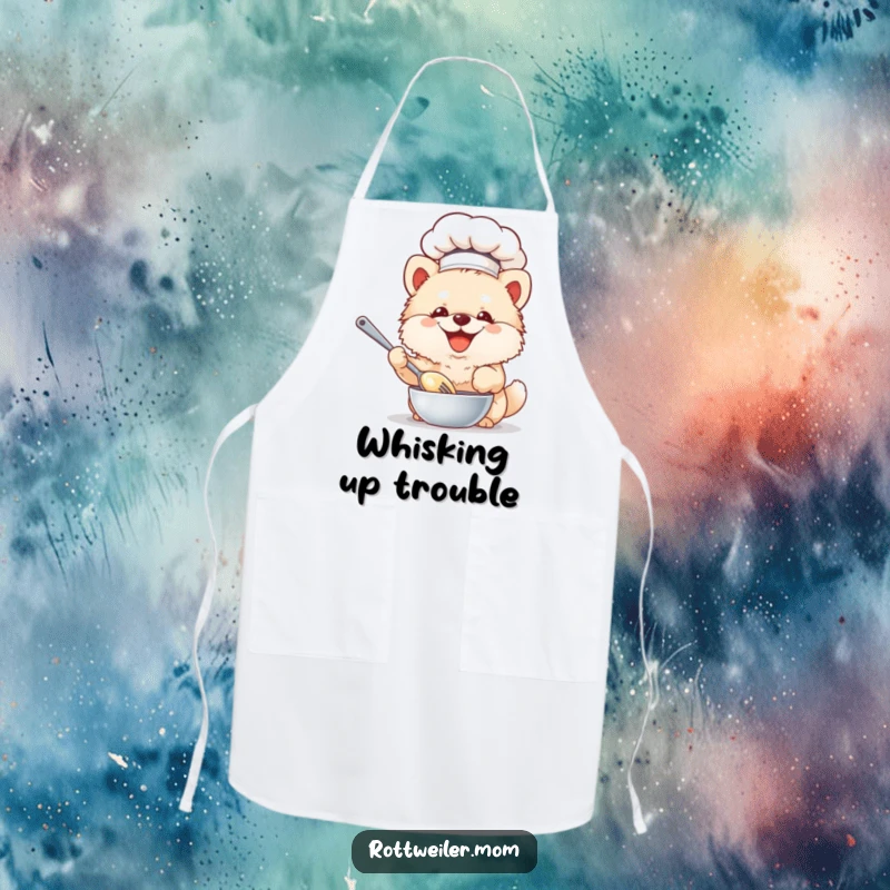 Funny Chef Dog Apron: Fluffy dog in a chef hat whisks batter, a humorous and practical kitchen accessory.