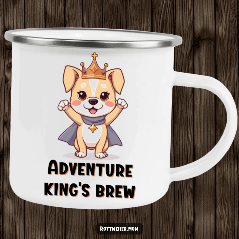 Funny dog hero camping mug showing a dog with a crown and cape in a heroic pose, durable for all outdoor activities.