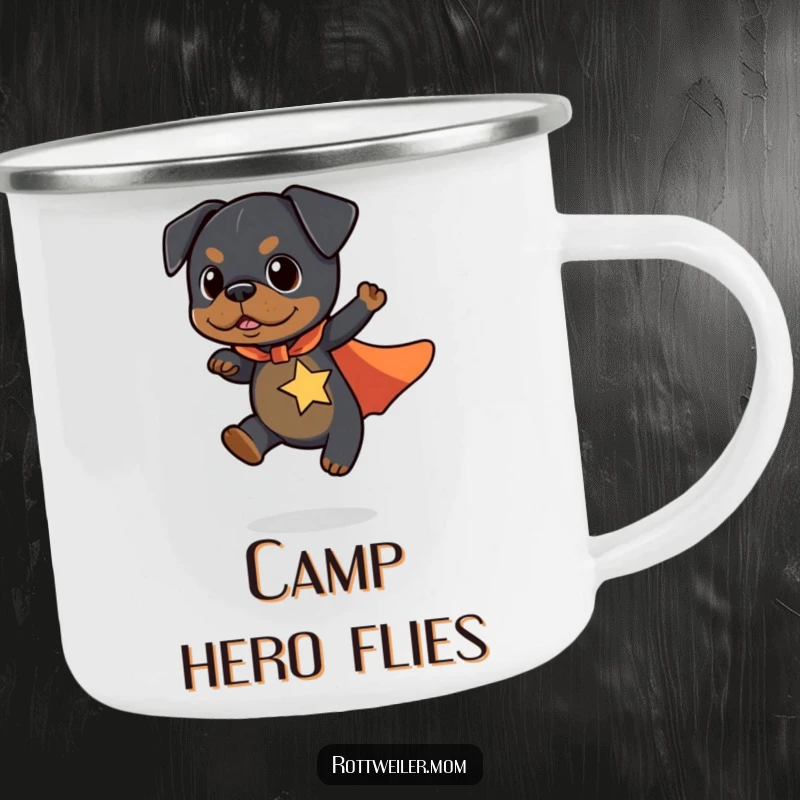 Funny Kawaii Rottweiler Camping Mug with a cute dog in a superhero cape flying a short distance, perfect for outdoor heroes.