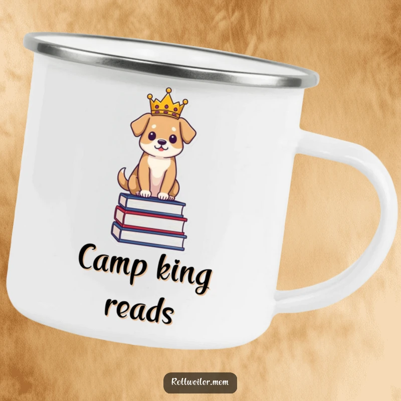 Funny Regal Dog Camping Mug: Dog in a crown sits on books, a humorous and durable outdoor companion.