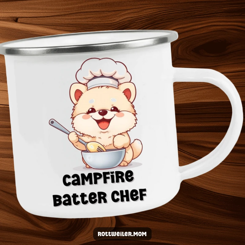 Funny Chef Dog Camping Mug: Fluffy dog in a chef hat whisks batter, durable and humorous for outdoor use.