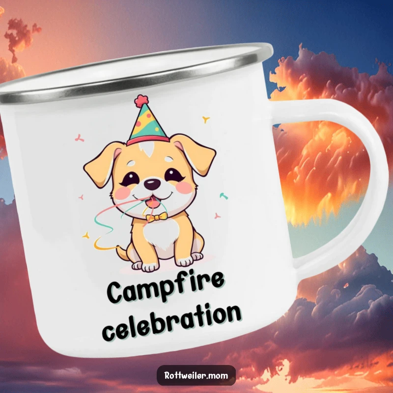 Funny dog party camping mug showing a dog in a party hat blowing a streamer with glee, durable for all outdoor celebrations.