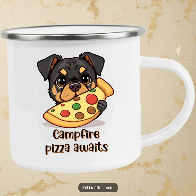 Funny camping mug with a Rottweiler peeking from behind a giant pizza slice, eyes wide with pizza desire.