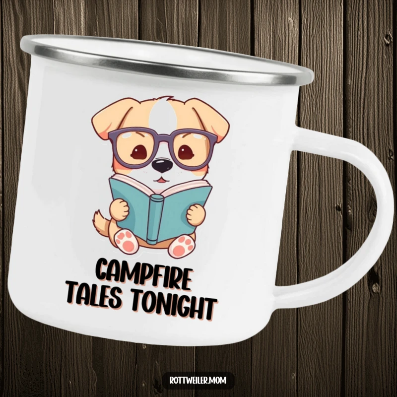 Funny dog camping mug, a dog wearing big glasses reads a book, suitable for outdoor enthusiasts and readers.