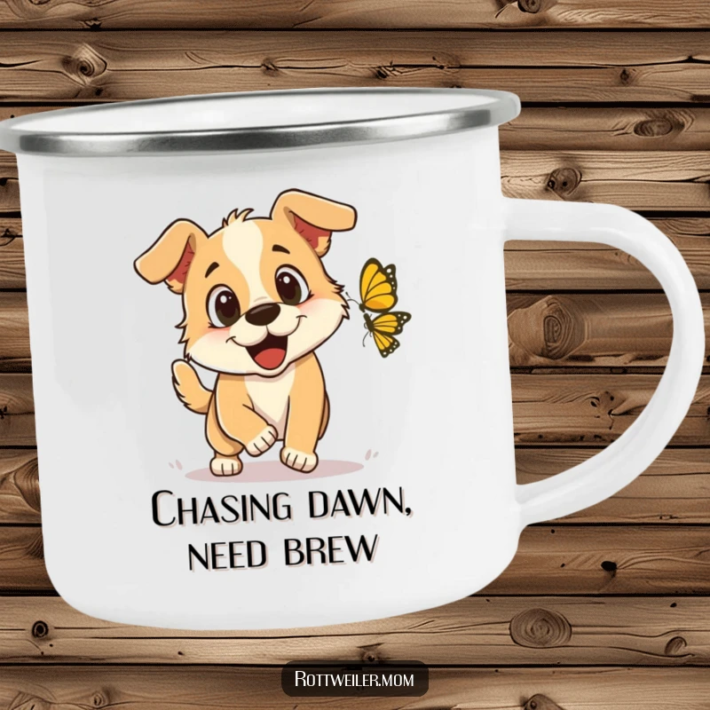 Funny Camping Mug: A dog with excited eyes chasing a butterfly, perfect for enjoying beverages on outdoor adventures.