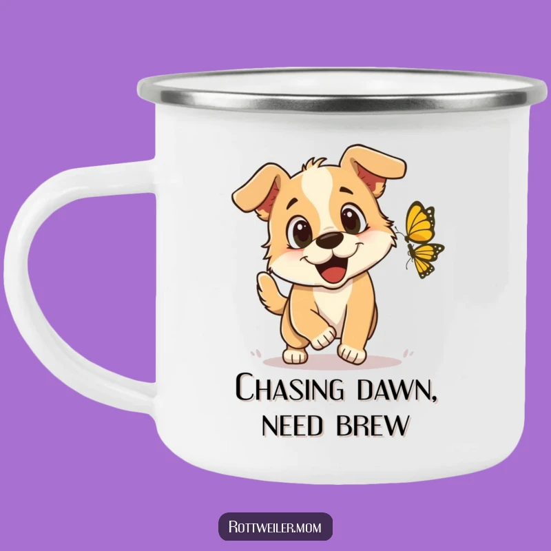 Funny Butterfly Chase Dog Camping Mug: Adventure Awaits, Unique Funny Gift for Hikers!