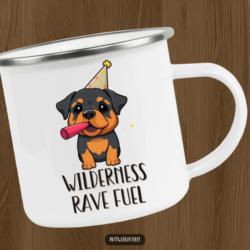 Funny Rottweiler Camping Mug: A sturdy mug depicting a rottweiler in a party hat blowing a noisemaker, for outdoor festivities.