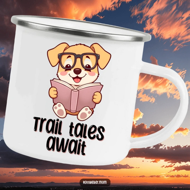 Funny camping mug with a dog wearing reading glasses, smiling while reading a book, perfect for outdoor literary enthusiasts.