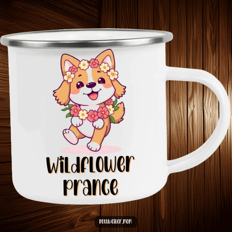 Funny Happy Dog Camping Mug: Dog with a flower garland prances, a humorous and durable outdoor companion.