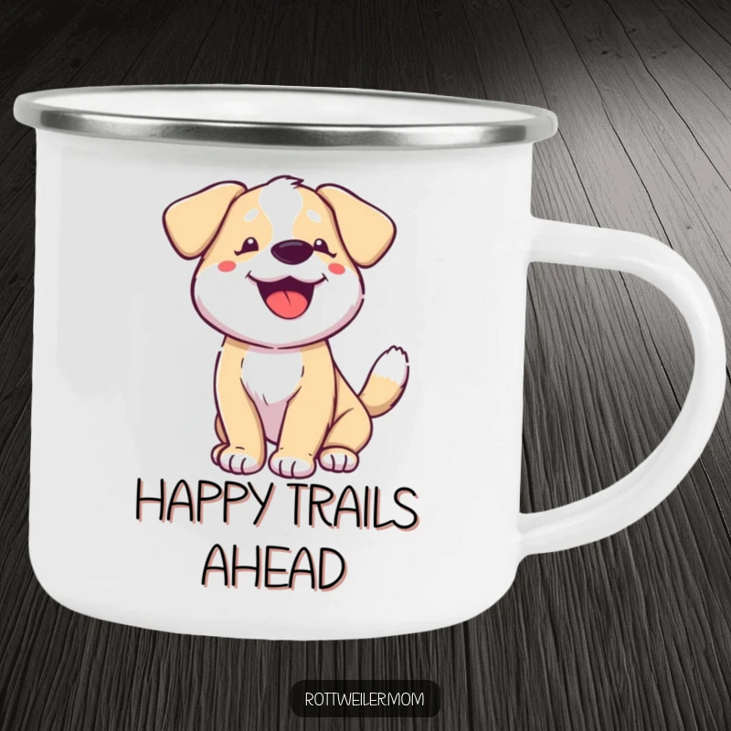 Funny dog camping mug, a dog with a wagging tail and panting happily, ideal for outdoor enthusiasts.