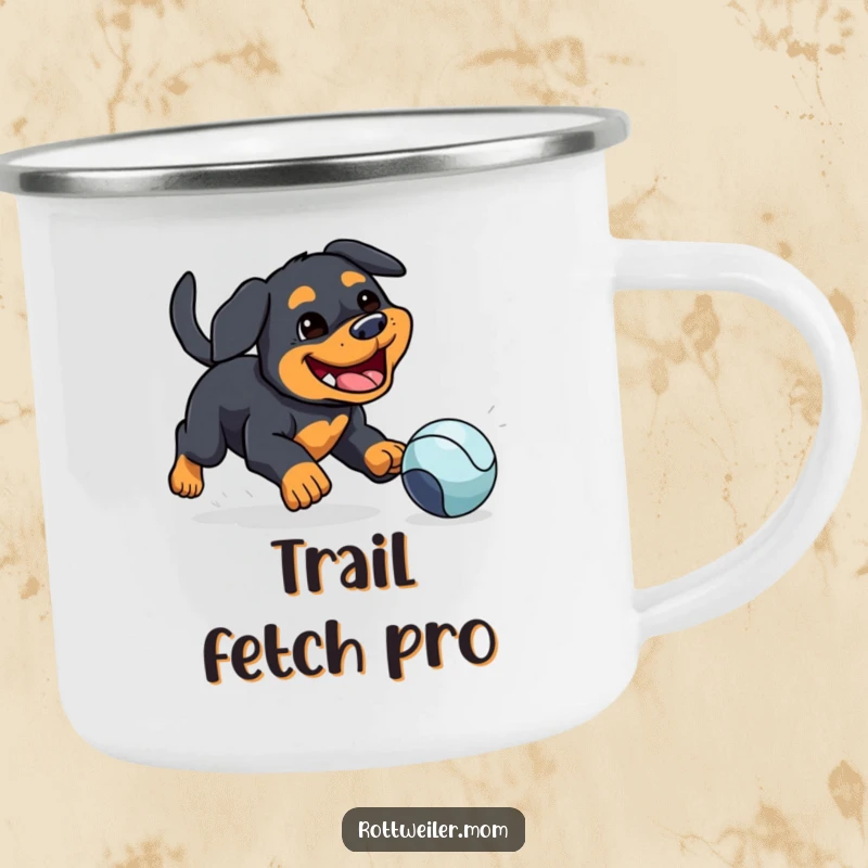 Funny camping mug: a kawaii Rottweiler with a silly grin chasing a bouncing ball, perfect for happy outdoor moments.