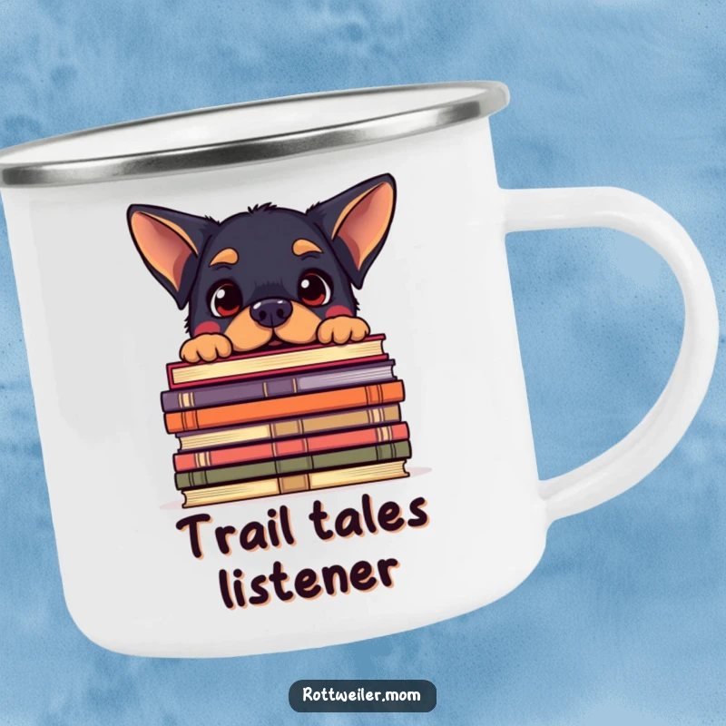 Funny camping mug: a kawaii Rottweiler peeking over a giant stack of books with an amused expression, perfect for readers.