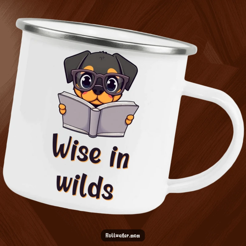 Funny Kawaii Rottweiler Camping Mug: a cute dog with glasses reads a book, perfect for outdoor funny gifts.