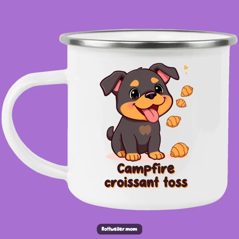 Funny Kawaii Rottweiler Camping Mug: Juggling Croissants, Outdoor Treat Gift