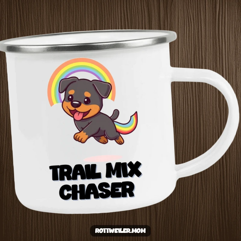 Funny Kawaii Rottweiler chasing a colorful rainbow tail on a camping mug, ready for outdoor adventures.