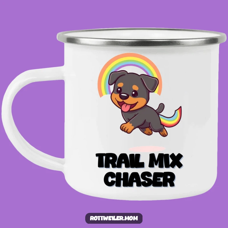 Funny Kawaii Rottweiler Camping Mug: Rainbow Tail Chase, Outdoor Fun Gift