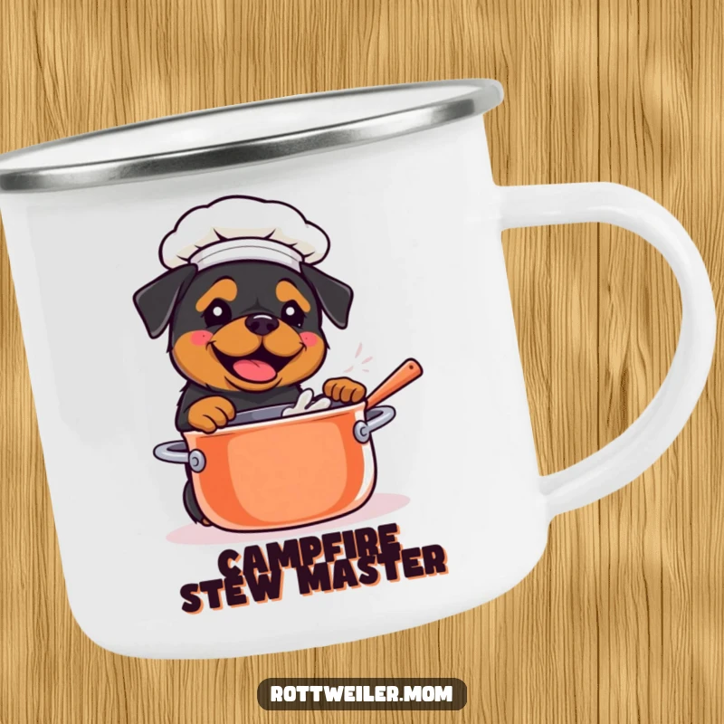 Funny Kawaii Rottweiler stirring a giant pot on a chef camping mug, ready for outdoor culinary fun.