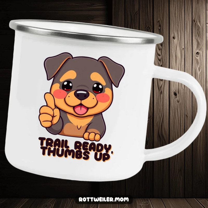 Funny Kawaii Rottweiler with rosy cheeks, offering a thumbs-up from a rugged camping mug, perfect for outdoor fun.