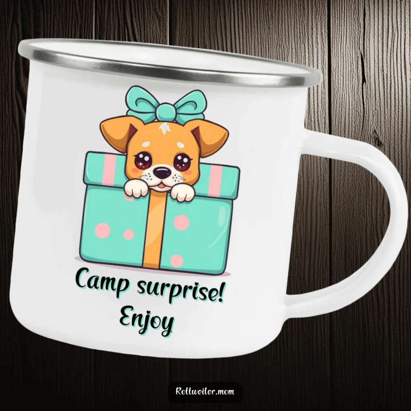 Funny peek-a-boo dog camping mug, a dog with sparkling eyes peeking from behind a large gift, ready for adventure.