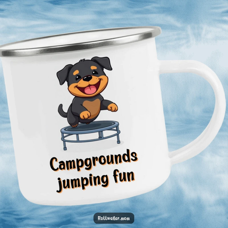 Funny Rottweiler puppy soaring on a trampoline, ready for adventure on this durable camping mug.